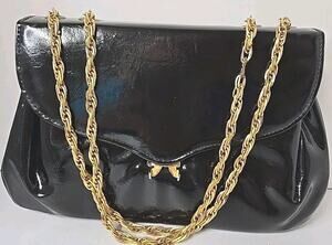 Vintage Black Chain Purse Gold Tone Patent Leather Susan Tyler USA 1960’s MCM